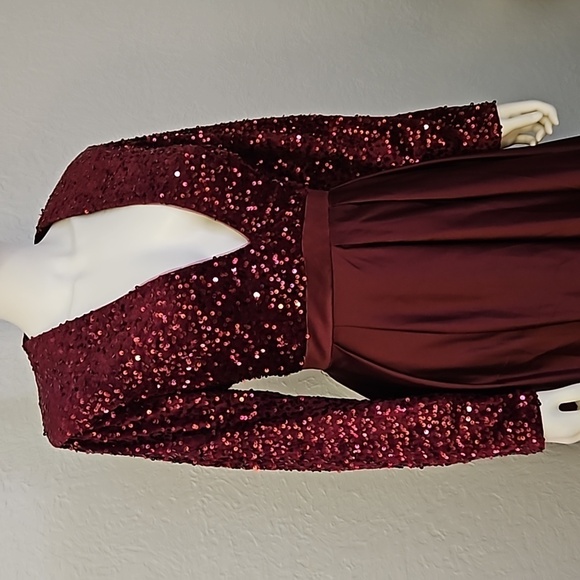 TS Couture Purple Satin Velvet Sequin Deep V Long Sleeve Formal Gown - Picture 3 of 8